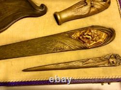 1 seal 1 pocket tray 2 Art Deco Orientalist paper knives BRONZE signed DUVAL
