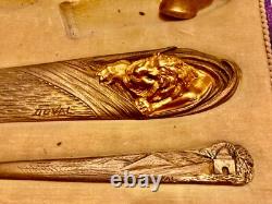 1 seal 1 pocket tray 2 Art Deco Orientalist paper knives BRONZE signed DUVAL