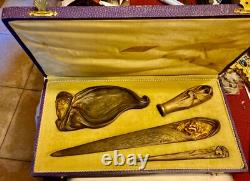 1 seal 1 pocket tray 2 Art Deco Orientalist paper knives BRONZE signed DUVAL