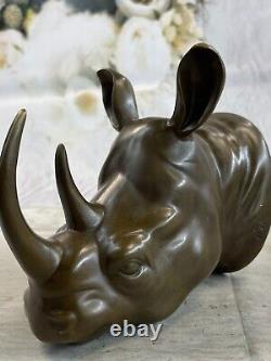 100% Bronze Sculpture Statue Rhinoceros Head Bust Art Deco Original Large