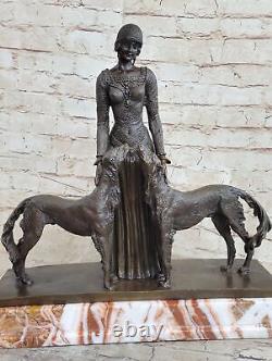 100% Genuine Art Deco Bronze 'Friends Forever' Lady with Dogs Statue Chiparus