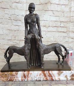 100% Genuine Art Deco Bronze 'Friends Forever' Lady with Dogs Statue Chiparus