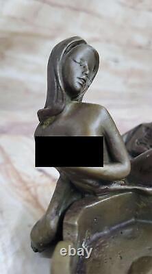 100% Solid Bronze Art Deco Woman and Skeleton Ashtray Sculpture Office Decor Nude