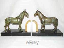 10e30 Pair Serre Books Horses Running Regulates Patina Bronze Art Deco 1930