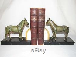 10e30 Pair Serre Books Horses Running Regulates Patina Bronze Art Deco 1930