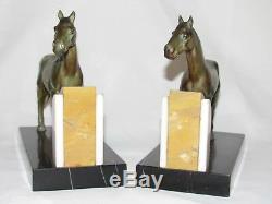 10e30 Pair Serre Books Horses Running Regulates Patina Bronze Art Deco 1930