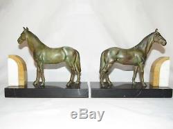 10e30 Pair Serre Books Horses Running Regulates Patina Bronze Art Deco 1930