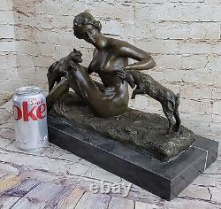 13.6kg West Art Deco Sculpture Shepherdess Girl With/Goat Nude Woman Bronze