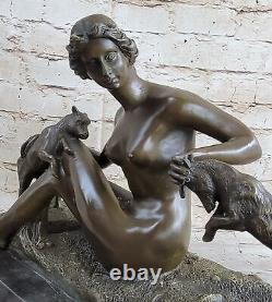 13.6kg West Art Deco Sculpture Shepherdess Girl With/Goat Nude Woman Bronze