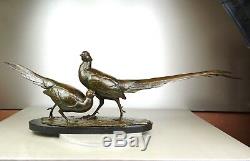 1920/1930 Av Becquerel Gr Rare Statue Sculpture Bronze Couple Animaliere Pheasants