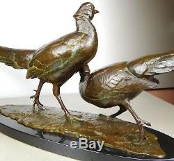 1920/1930 Av Becquerel Rare Gr Statue Animal Sculpture Bronze Couple Pheasants