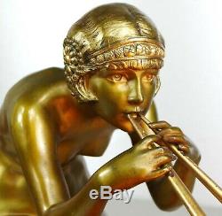 1920/1930 C Mirval Statue Sculpture Lamp Art Deco Bronze Dore Female Naked Snake