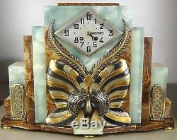 1920/1930 Fh Danvin Pendulum Trim Sculpture Art Deco Bronze Dore Silver Peacock