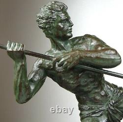 1920/1930 G Hervor Statue Sculpture Art Deco Athlete Nude Man Javelin Pat Bronze