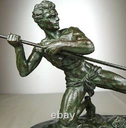 1920/1930 G Hervor Statue Sculpture Art Deco Athlete Nude Man Javelin Pat Bronze