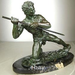 1920/1930 G Hervor Statue Sculpture Art Deco Athlete Nude Man Javelin Pat Bronze