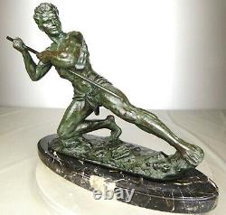 1920/1930 G Hervor Statue Sculpture Art Deco Athlete Nude Man Javelin Pat Bronze