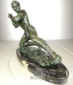 1920/1930 G Hervor Statue Sculpture Art Deco Athlete Nude Man Javelin Pat Bronze