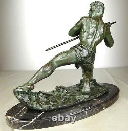 1920/1930 G Hervor Statue Sculpture Art Deco Athlete Nude Man Javelin Pat Bronze