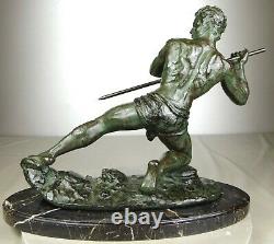 1920/1930 G Hervor Statue Sculpture Art Deco Athlete Nude Man Javelin Pat Bronze