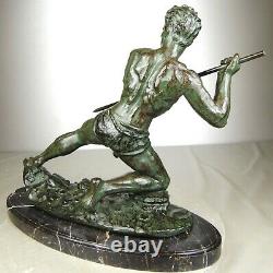 1920/1930 G Hervor Statue Sculpture Art Deco Athlete Nude Man Javelin Pat Bronze