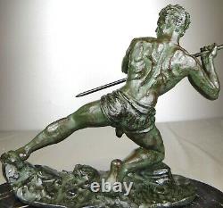 1920/1930 G Hervor Statue Sculpture Art Deco Athlete Nude Man Javelin Pat Bronze