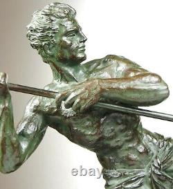 1920/1930 G Hervor Statue Sculpture Art Deco Athlete Nude Man Javelin Pat Bronze