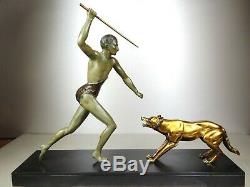 1920/1930 J Brault Grd Rare Statue Sculpture Bronze Art Deco Hunting Wolf Athlete