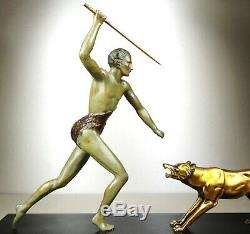 1920/1930 J Brault Grd Rare Statue Sculpture Bronze Art Deco Hunting Wolf Athlete