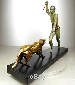 1920/1930 J Brault Grd Rare Statue Sculpture Bronze Art Deco Hunting Wolf Athlete