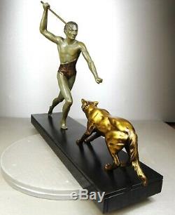 1920/1930 J Brault Grd Rare Statue Sculpture Bronze Art Deco Hunting Wolf Athlete