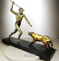 1920/1930 J Brault Grd Rare Statue Sculpture Bronze Art Deco Hunting Wolf Athlete