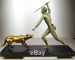 1920/1930 J Brault Grd Rare Statue Sculpture Bronze Art Deco Hunting Wolf Athlete