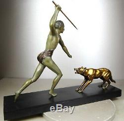 1920/1930 J Brault Grd Rare Statue Sculpture Bronze Art Deco Hunting Wolf Athlete