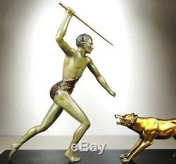 1920/1930 J. Brault Rare Sculpture Statue Bronze Art Deco Hunting Athlete Nude Wolf