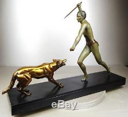 1920/1930 J. Brault Rare Sculpture Statue Bronze Art Deco Hunting Athlete Nude Wolf