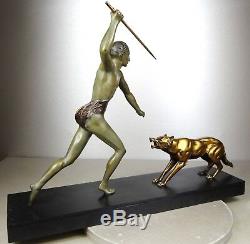 1920/1930 J. Brault Rare Sculpture Statue Bronze Art Deco Hunting Athlete Nude Wolf