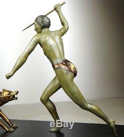 1920/1930 J. Brault Rare Sculpture Statue Bronze Art Deco Hunting Athlete Nude Wolf