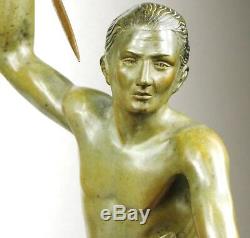 1920/1930 J. Brault Rare Sculpture Statue Bronze Art Deco Hunting Athlete Nude Wolf