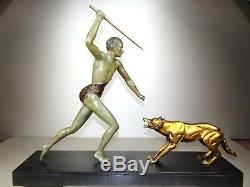 1920/1930 J. Brault Rare Sculpture Statue Bronze Art Deco Hunting Athlete Nude Wolf