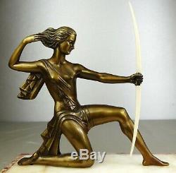 1920-1930 J Sabartes Gual Statue Sculpture Art Deco Bronze Diane Chryselephantine