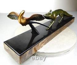 1920 M. Decoux Animal Statue Art Deco Cubist Bronze Fox Bird