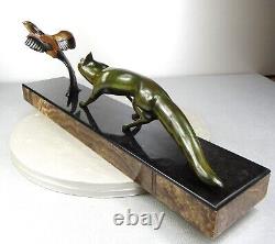 1920 M. Decoux Animal Statue Art Deco Cubist Bronze Fox Bird