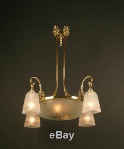 1920s Art Deco Chandelier Bronze, Brass And Glass / Chandelier Art Deco