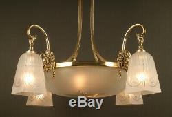 1920s Art Deco Chandelier Bronze, Brass And Glass / Chandelier Art Deco