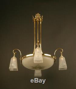 1920s Art Deco Chandelier Bronze, Brass And Glass / Chandelier Art Deco