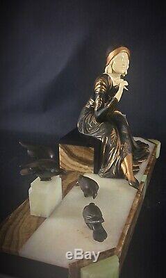 1925-1930 Sculpture Art Deco Statue By Dame Menneville Doves 53cm 15kg