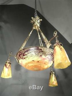 1925 Daum Nancy Gilt Bronze Chandelier And Glass Art Deco