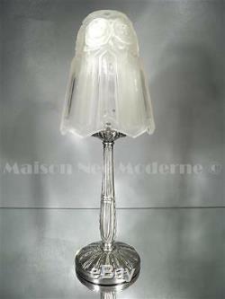 1925 P. Maynadier Lamp Bronze Silvered Glass Pressed-molded Patinated Rose Art Deco
