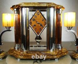 1930 Adnet Excpt Trim Pendulum Lamps Modernist Art Deco Bronze Dore Chrome